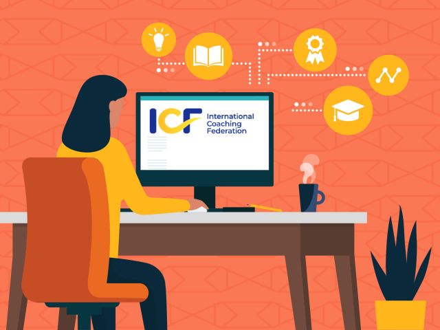 illustration of a woman working at a computer showing the ICF logo