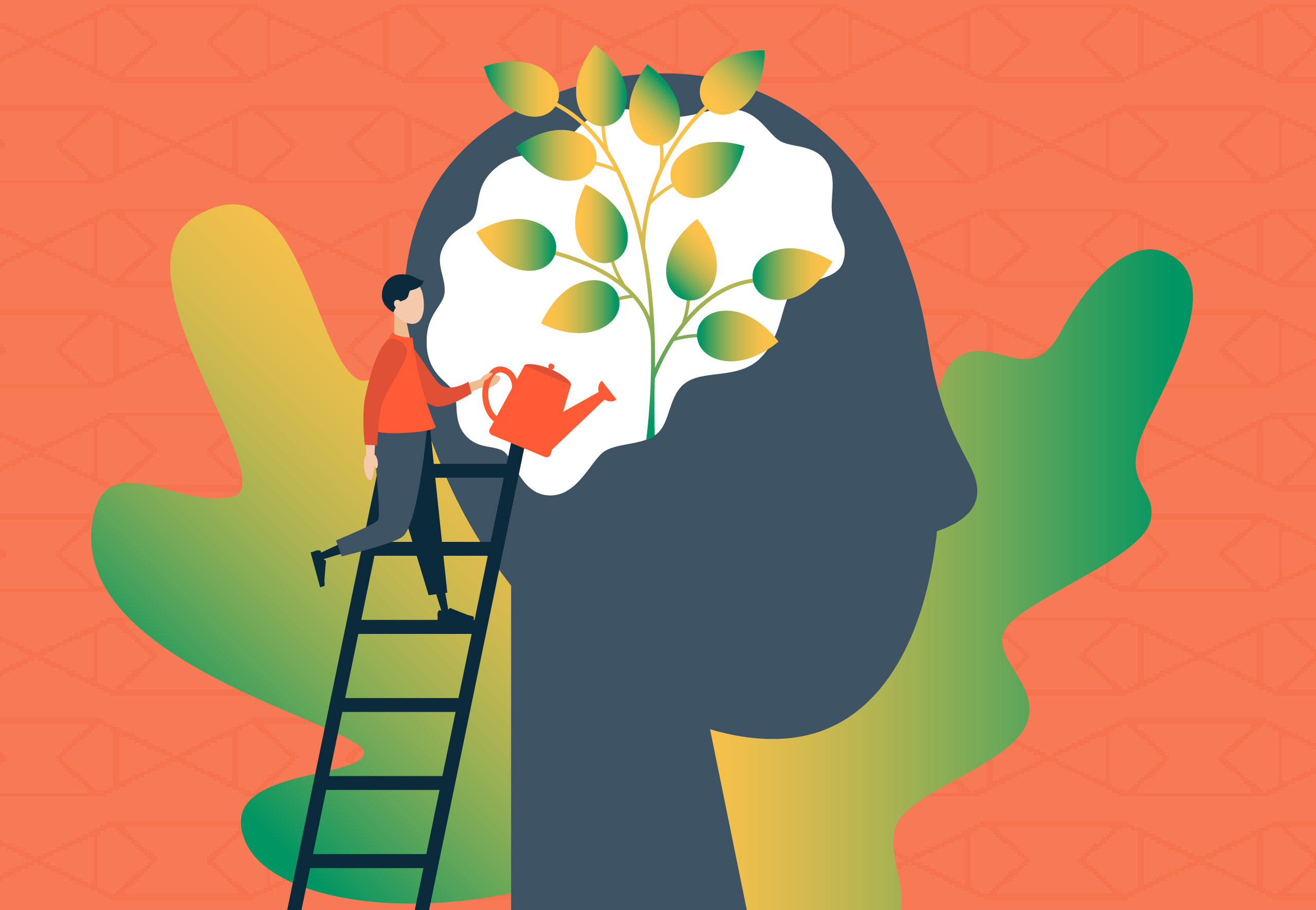 A person watering a brain with leaves growing out of it